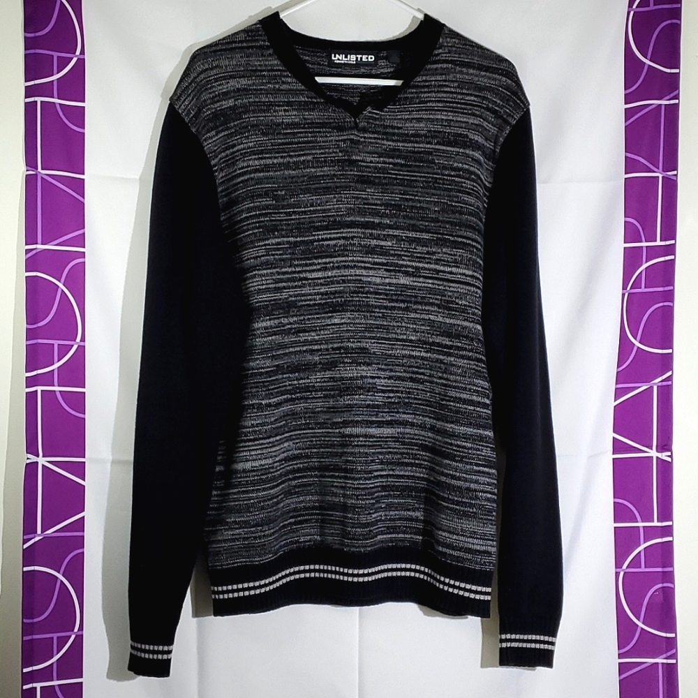 Unlisted by Kenneth Cole Grey/Black 100% Cotton Long Sleeve Knit Sweater - Large